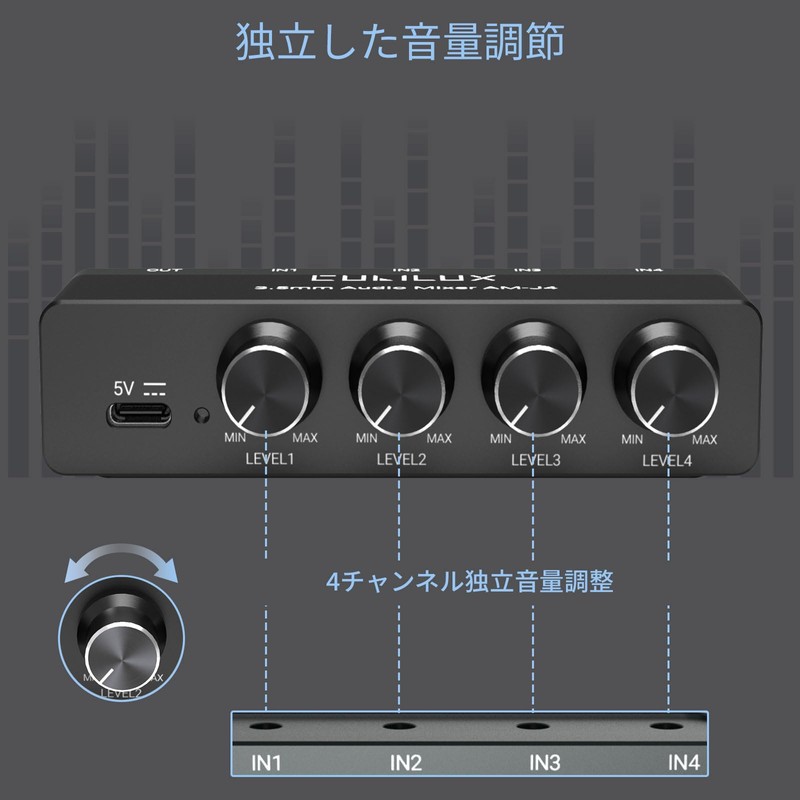 Cubilux 3.5mm Audio Mixer, 4-Way Stereo/Mono AUX Mixer, Super Low