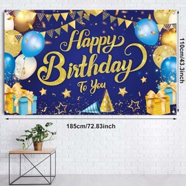 Birthday Banner Decoration, Blue and Gold Happy Birthday Background Poster, Birthday Banner Decoration, Birthday Decoration, Photo Background Poster, Birthday Party Decoration, 110 x 185 cm