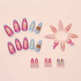 LYMCY Press-on French Nails, 3D Blue Starfish, Shell and Wave Pattern False Nails, False Nails for Women and Girls - Pack of 24