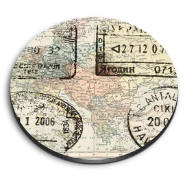 1 x Round MDF Magnet - World Map with Travel Stamps 3654