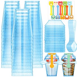 Dandat 100 Pack 5oz Glitter Plastic Dessert Cups with Lids Spoons Set Glitter Square Dessert Shooters Cups Disposable Appetizer Cups Parfait Cups with 100 Stickers for Tasting Sample (Blue)