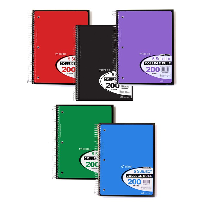 Top Flight Standards 5-Subject Wirebound Notebook, 200 Sheets, 3-Hole Punched,