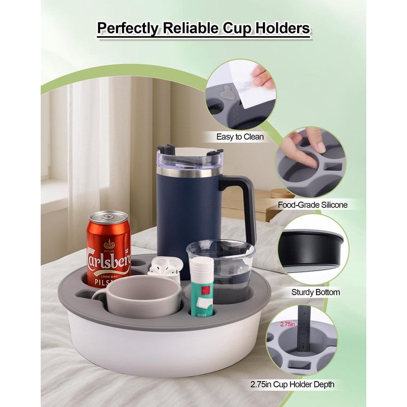 Bonfixe Round 7-in-1 Bed & Couch Cup Holder Tray,Waterproof Silicone