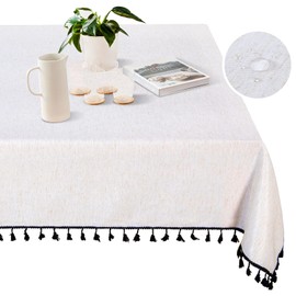 MYSKY HOME Table Cloth 60x102 in Rectangle Table, Cotton Tassel Linen Look Waterproof Tablecloths Farmhouse Tablecloth, Wrinkle Free Table Cover with Black Tassels for Kitchen Dining, Party