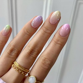 24Pcs Press on Nails Short Almond Fake Nail Colorful Gradient False Nail French Nails Press Ons with Rhinestones Design Glossy Glue on Nails Reusable Stick on Nail for Women and Girls