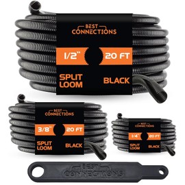 BEST CONNECTIONS 3-Pack 1/4", 3/8", 1/2" x 20 ft Each Assorted Split Wire Loom Convoluted Tubing with Installation Tool – Protective Split Cable Sleeves/Conduit for Automotive Home Electrical – Black