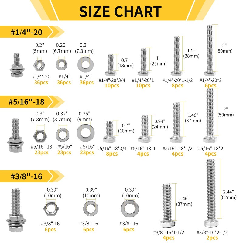 Homwin 255Pcs Stainless Steel Bolts and Nuts Kit, 1/4-20, 5/16-18,