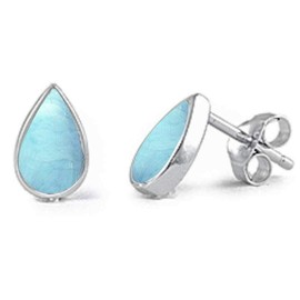 Bezel Set Teardrop Natural Larimar Stud Earrings Sterling Silver