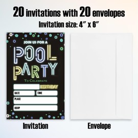 IKFRGN Pool Party Invitations For Birthday, Neon Invites-Birthday Cards For Boys & Girls-20 Invitations with 20 Envelopes, Party Celebration Favors& Supplies-A04