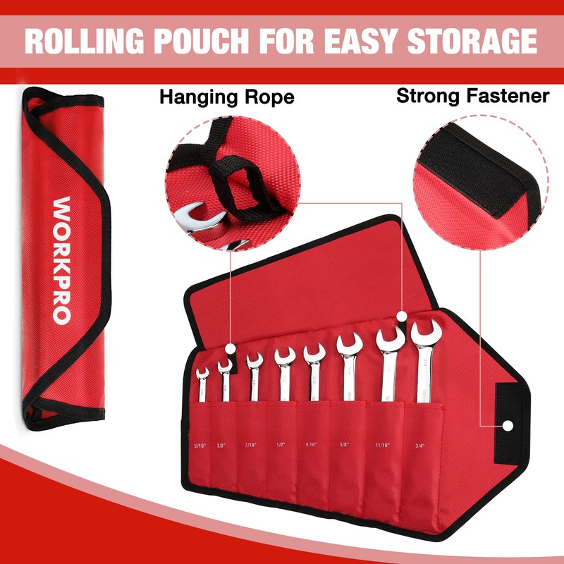 WORKPRO 8-piece Flex-Head Ratcheting Combination Wrench Set, SAE 5/16-3/4 in,