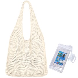 DOINEUFL Crochet Beach Bag for Women, Boho Mesh Tote Bag, Retro Knitted Woven Shoulder Handbag, Summer Beach Bags for Vacation, Shopping & Travel, Includes Waterproof Phone Pouch (Beige)