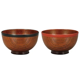 Yamanaka Lacquer Range Keyaki Sensuji Heather Soup Bowl Pair Set, Obi Black & Obi Vermilion M16325