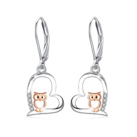 Owls/Horse/Raccoon/Fox/Cat Earrings 925 Sterling Silver Heart Earrings Hanging Earrings Rose Gold/Black Owls Jewellery Gift Hypoallergenic Earrings for Girls Women Children, Sterling Silver