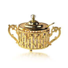 Flylin Sugar Bowl, Turkish Sugar Bowl with Lid and Spoon for Candy Cookie Honey, Golden Vintage Glass Seasoning Jar for Home and Kitchen Coffee Bar (5)