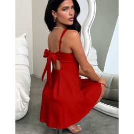 YMDUCH Women's Sexy Sleeveless Square Neck Adjustable Straps Bow Tie A-line Mini Party Club Dress Red