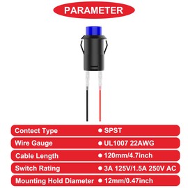 MKBKLLJY 12 x 12 mm Locking Blue Mini Push Button Switch AC 250 V/1.5 A 125 V/3 A SPST 2-Pin Snap-in Design Micro Round Switch with Terminal Wires and Wiring Cap for Car Boat PC Table Lamp