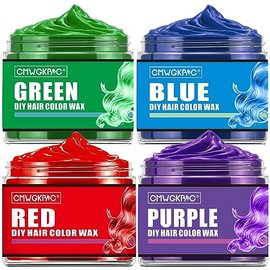 CMWGKBC 4 Colores Cera Temporal de Color de Cabello para Niños y Adolescentes, Cera de Color de Cabello Verde, Rojo, Azul, Morado, A prueba de manchas, Suave y fácil de usar, Nutritivo, 4 onzas