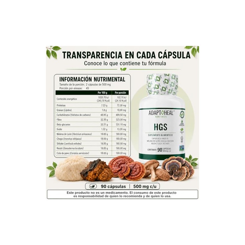 Adaptoheal HGS Melena de León, Reishi, Chaga, Shiitake y Cola