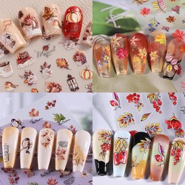 Fall Nail Stickers, 3D Embossed Autumn Nail Decals Red Gold Maple Leaf Nail Art Design Self-Adhesive Thanksgiving Nail Accessories for Women Girls(4 Sheets)