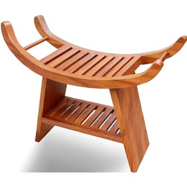 23" Teak Shower Bench Shoe Storage Bench Teak Shower Stool Curved Seat for Bathroom,Shower Seat Chair with Shower Storage Shelf,Pre-Oiled European Teak Oil