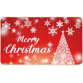 COSEVIER Snowflake Christmas Tree Door Mat, Red Xmas Doormat Indoor Outdoor Entrance Floor Mat, Non Slip Rubber Welcome Mats for Living Room Kitchen Home Decoration 17x29 Inch