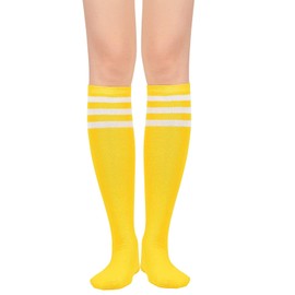 Knee High Socks for Women Leg Warmers Sports Athletic Tube Socks Striped Thigh High Stockings Cosplay 1 Pack Yellow White