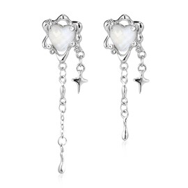 Peasimy Silver Moonstone Heart Stainless Steel Earrings for Women Star Tassel Dangle Earrings Jewelry Gifts (Silver)