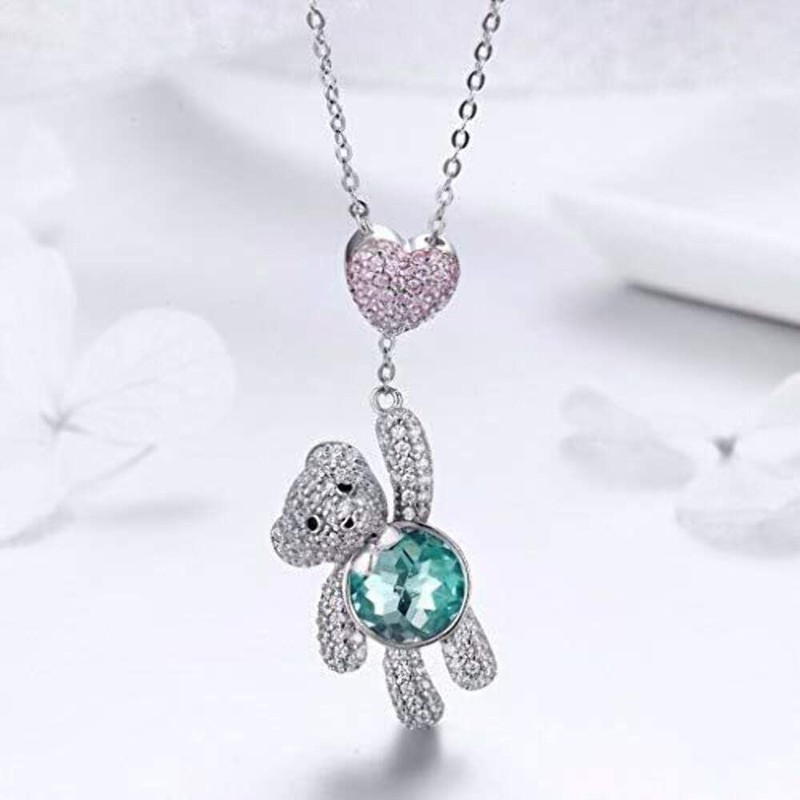 PAHALA 925 Sterling Silver Cute Bear Heart Love Green Crystals