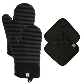 Extra Long Silicone Oven Mitts and Pot Holders Sets | Heat Resistant 500°F BPA-Free Food Grade Silicone Hot Pads & Kitchen Mittens | 4-Piece Set of Oven Gloves & Potholders for Kitchens.