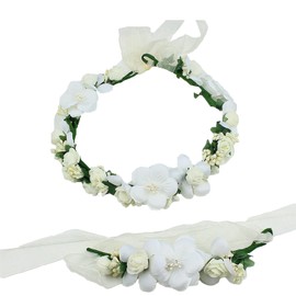 Bridal Fashion Hair Wreath, Floral Wrist Flower, Flower Crown Headband, Female Girl for Festival, Party, Wedding, Beach (Beige)