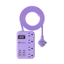 6 USB(2 USB C) Purple Travel Power Strip- 5Ft Purple Extension Cord with 24W USB Charging Station and 4 Outlets, Purple Desk Accessories with Surge Protector for Cute Kawaii Lavender Office Dorm Room