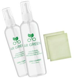 AR Green Eco Friendly Lens Cleaner, Biodegradable Lens Cleaning for Eyeglasses, Lenses, Screens, Streak Free, Two 2oz Spray Bottles, Two Microfiber Cleaning Cloths (Pack of 4)