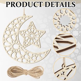 Ramadan Decorations Eid Mubarak Wreath Door Sign Wooden Hanging Signs, Kareem Hollow Ornament Moon and Stars, Moon Shape Ramadan Mubarak Party Wood Wall Hanger for Islamic Muslim Home Decor