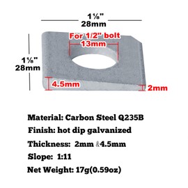 GBGS 50 Pcs 1/2" Square Beveled Washer, 1-1/8" x 1-1/8" Wedge Washers,Hot Dipped Galvanized