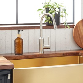 Hzxcuim 16 oz Glass Soap Dispenser with Bamboo Pump Head, Refillable Kitchen Bathroom Soap Dispenser for Hand Soap, Lotion (1, Amber)