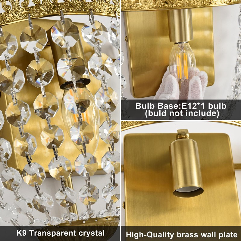 Vintage Crystal Wall Sconces Set of 2 Hardwired Brushed Brass