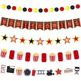 Resurhang 5 Pcs Movie Night Party Decorations Now Showing Banner Hanging Movie Night Theater Party Sign Cinema Birthday Decorations for Home Film Backdrop Baby Shower Birthday Party Supplies