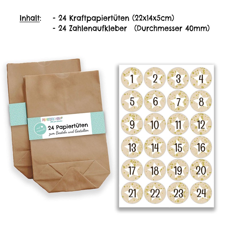 Papierdrachen Adventskalender zum Befüllen - mit 24 braunen Papiertüten und