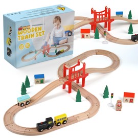 Kauxea 39 Pcs Wooden Train Tracks Set for Toddler, Wooden Toy with Magnetic Trains, Railway Set Christmas Toys, Compatible with All Major Brands for Girls & Boys 3-7 Years Old