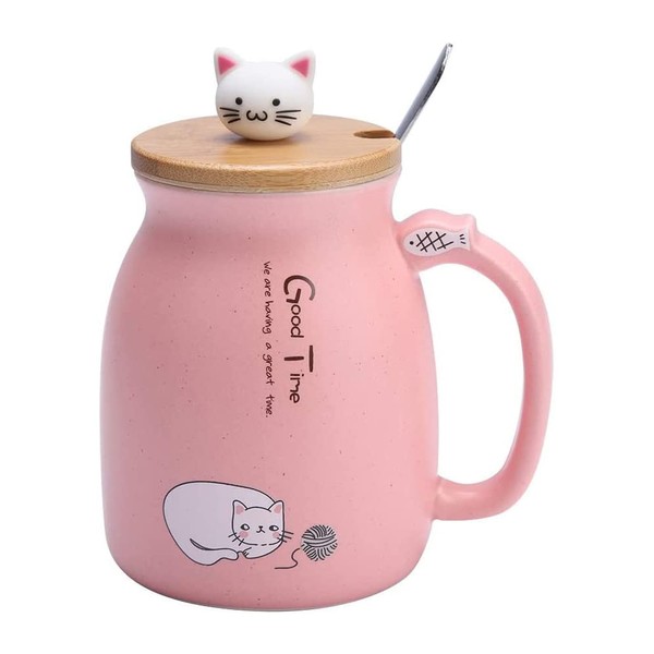 HwaGui Tazza da Gatto Tazza da Latte in ceramica Set di Tazze da Tè con Cucchiaio e Coperchio Regalo per gli Amanti dei Gatti 420 ml (Rosa)