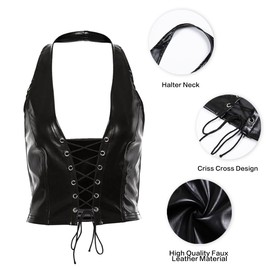 Crop Top Halter for Women Pu Sleeveless V Neck Bodycon Tank Top Bustier Lace Up Front Workout Corset Hippie Clothers Black