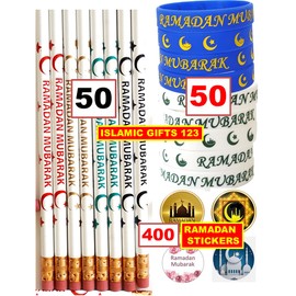 500 Pcs Ramadan Mubarak Pencils Wristbands Stickers Set 50 Ramadan Pencils 50 Ramadan Wristbands 400 Round Novelty Stickers Ramadan Mubarak Party Decorations Gifts for Muslims (500 Mix Ramadan)
