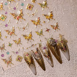 Gold Butterfly Nail Art Stickers 5D Embossed Butterfly Nail Stickers Self Adhesive Gold Flowers Butterflies Nail Decals Luxury Shiny Nail Design Stickers for Women Girl Manicure Decoration