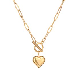 Acierble Stainless Steel Puffy Heart Pendant Paperclip Toggle Necklace Rectangle Paper Clip Chain Necklaces for Women Festival Love Jewelry,18K Gold Color