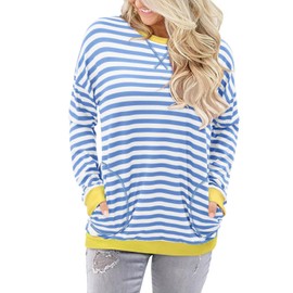 Women's Long Sleeve Shirts Casual Crew Neck T-Shirts Lightweight Color Block Top with Striped,BlueYellow,Small