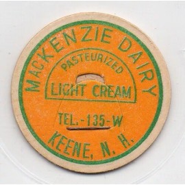 Milk Bottle Cap- MacKenze Dairy - Keene, NH (New Hampshire) - TEL. 135 - W-CREAM