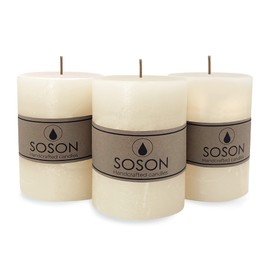 Simply Soson 3x4 inch Ivory Pillar Candles Set of 3, Rustic Texture, Unscented Ivory Candles, Dripless Candles, 3 inch Pillar Candles Ideal as Wedding, Parties, Spas, Dinner, Home Decoration, Church