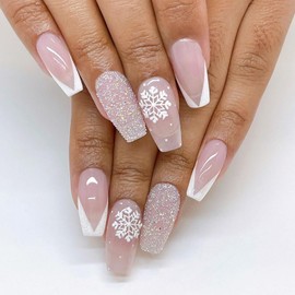 Christmas Press on Nails Medium Coffin Winter French Tip Fake Nails White Full Cover False Nails with Snowflake Designs Glitter Glossy Glue on Nails Acrylic Manicure Artificial Nails for Women Girls
