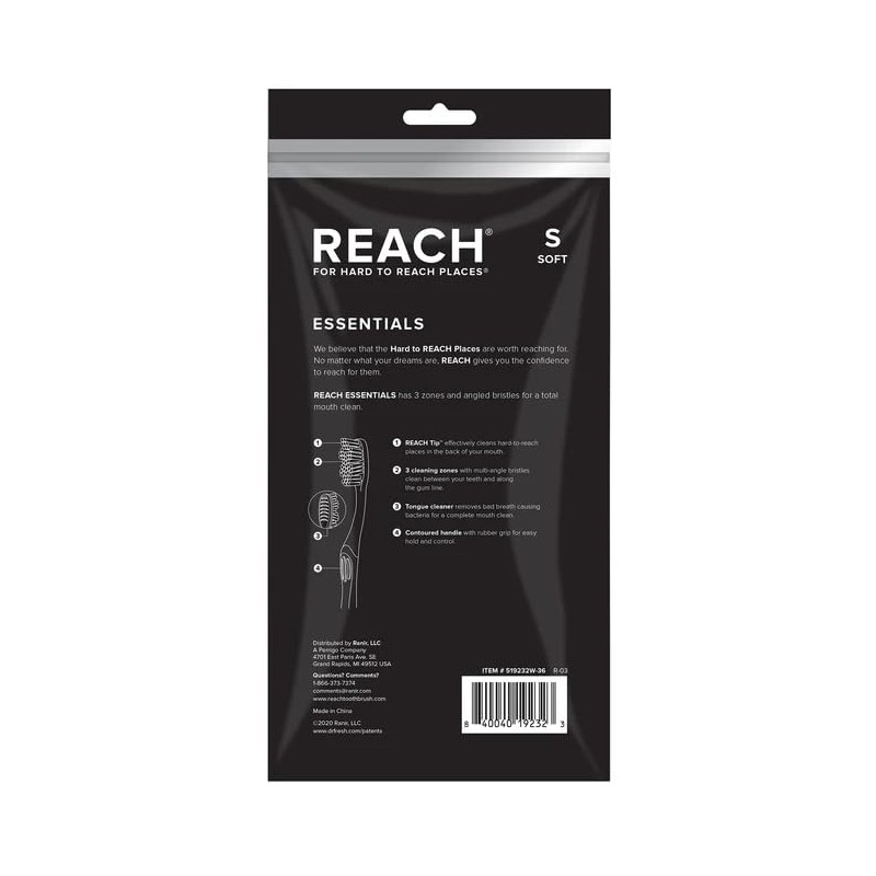 Reach Essentials Toothbrush with Toothbrush Caps, Multi-Zoned Angled Soft Bristles,