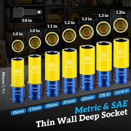 Thinkpro Lug Nut Impact Socket 1/2 inch Drive,8 Pieces Thin Wall Lug Nut Socket Set,Non-Marring Deep Wheel Protector Sockets Metric 15 17 19 21 22 MM & SAE 13/16 7/8 in.